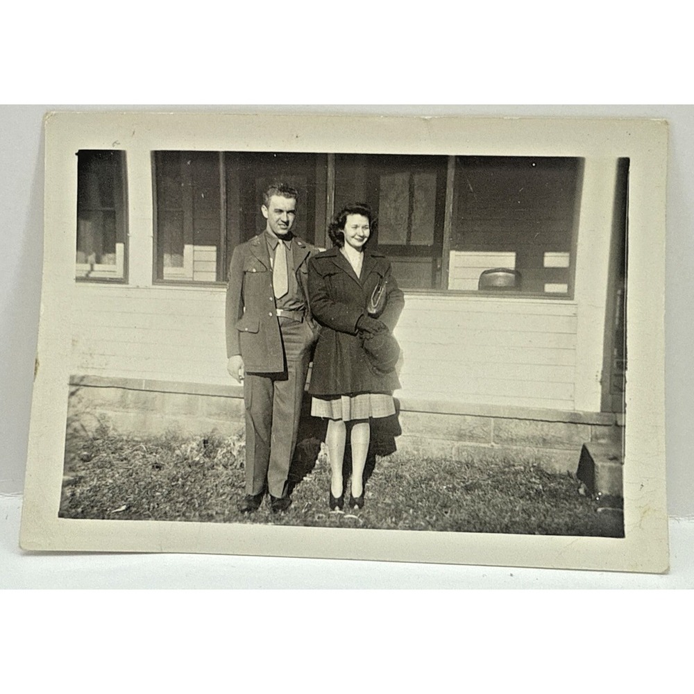 Vintage 1940s Military Man & Woman Snapshot Photo Original B&W 3.5x2.5 D25